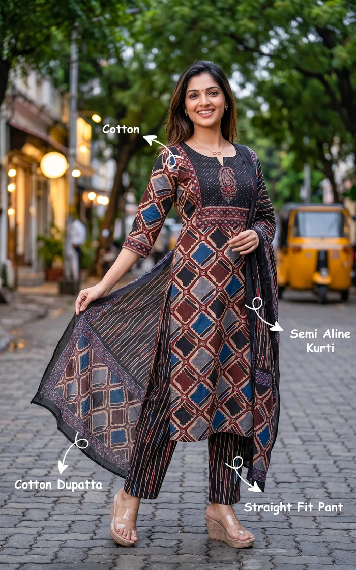 Earthy Tone Ajrakh-Style Printed Straight Salwar set